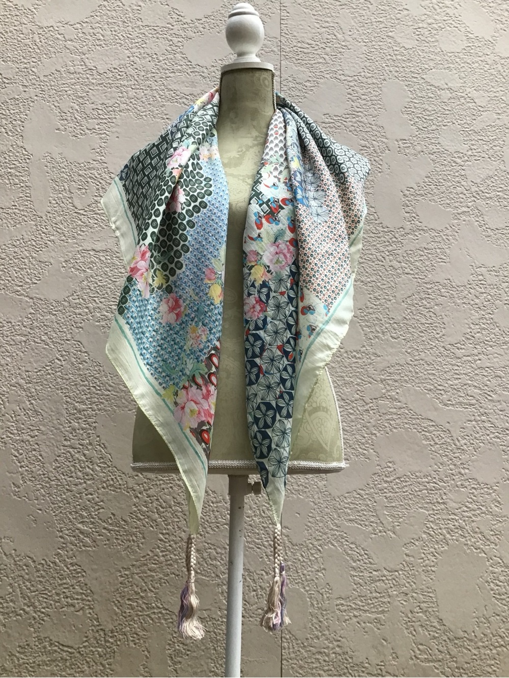 Johnny Was Mint Multi Floral Patchwork Tassel Scarf